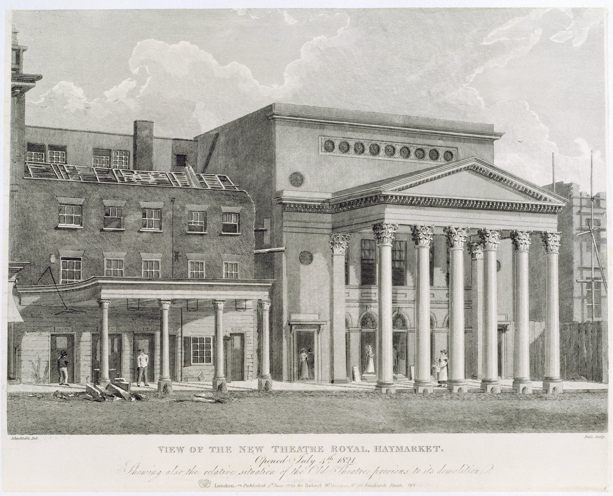 Uitzicht op het nieuwe Theatre Royal, Haymarket, geopend op 4 juli 1821, met ook de relatieve ligging van het oude theater voor de sloop, gegraveerd door Dale door Robert Blemell Schnebbelie
