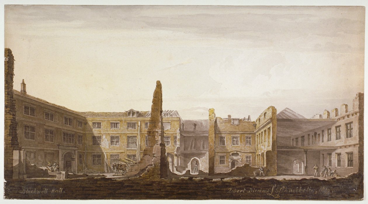 Blackwell Hall tijdens de sloop, City of London door Robert Blemmell Schnebbelie