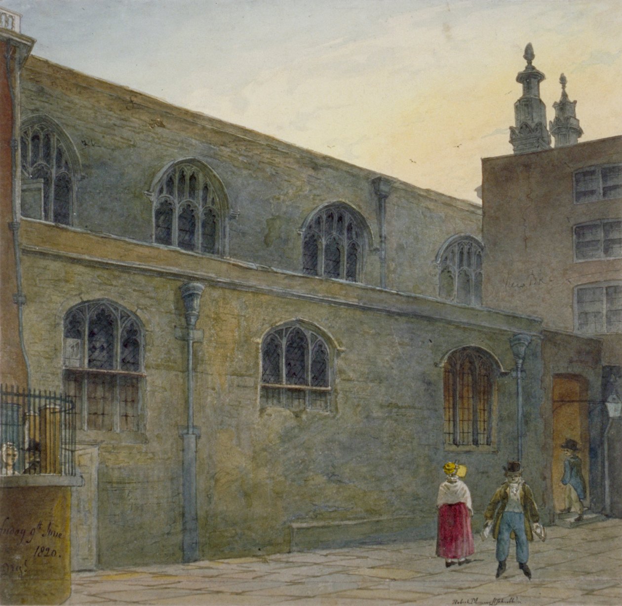 Noordzijde van Guildhall Chapel met de ingang naar Cutthroat Alley, City of London, 1820 door Robert Blemmell Schnebbelie