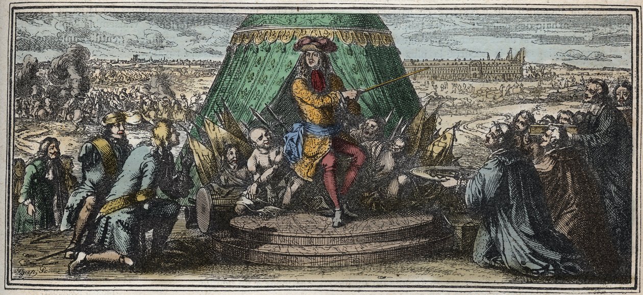 De bouw van Les Invalides in 1670 - Allegorie van de stichting van het Hôtel des Invalides - Lodewijk XIV toont zijn oude verminkte soldaten het Hôtel des Invalides in aanbouw gravure door Robert Bonnart (1652-1729) door Robert Bonnard