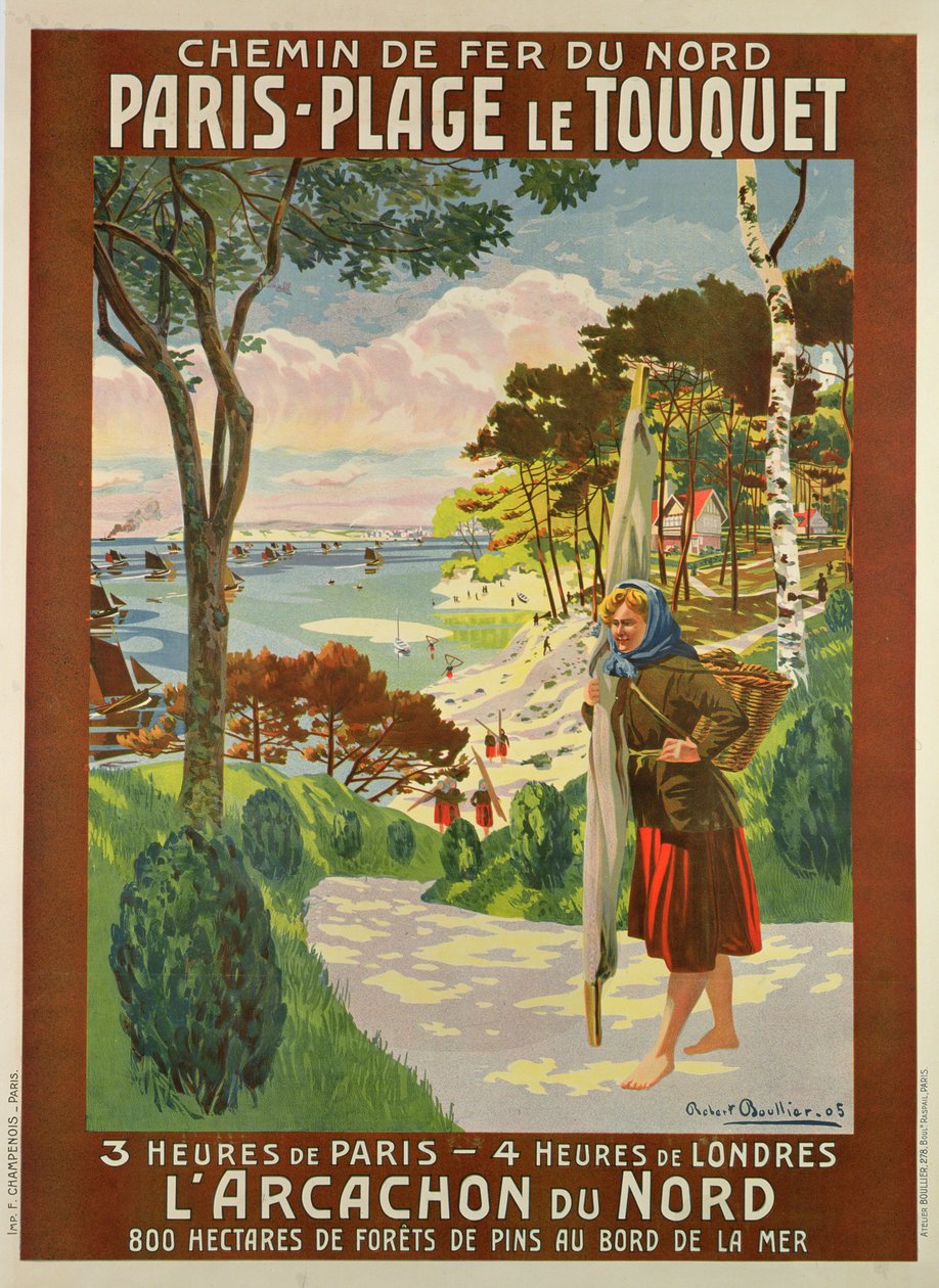 Poster die Parijs-Plage le Touquet, Pas de Calais, ca. 1910 adverteert door Robert Boullier