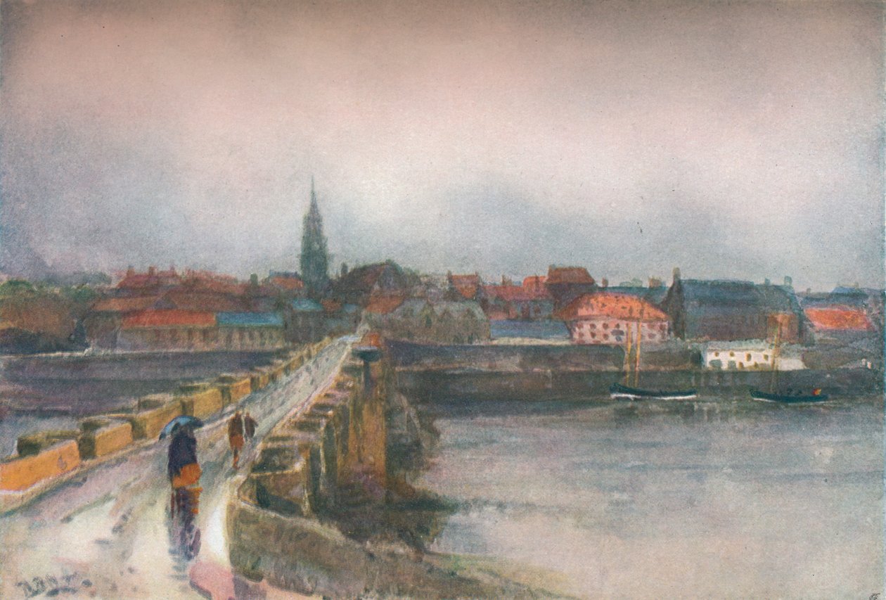 Een natte dag, Oude Berwick Brug, ca. 1877-1906, 1906 door Robert Buchan Nisbet