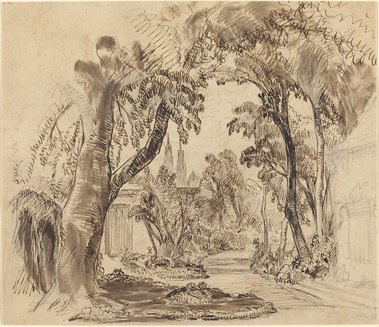 Een Met Bomen Omzoomd Tuinpad (Voorlopige Schets voor "Doornroosje en het Beest"?) door Robert Caney
