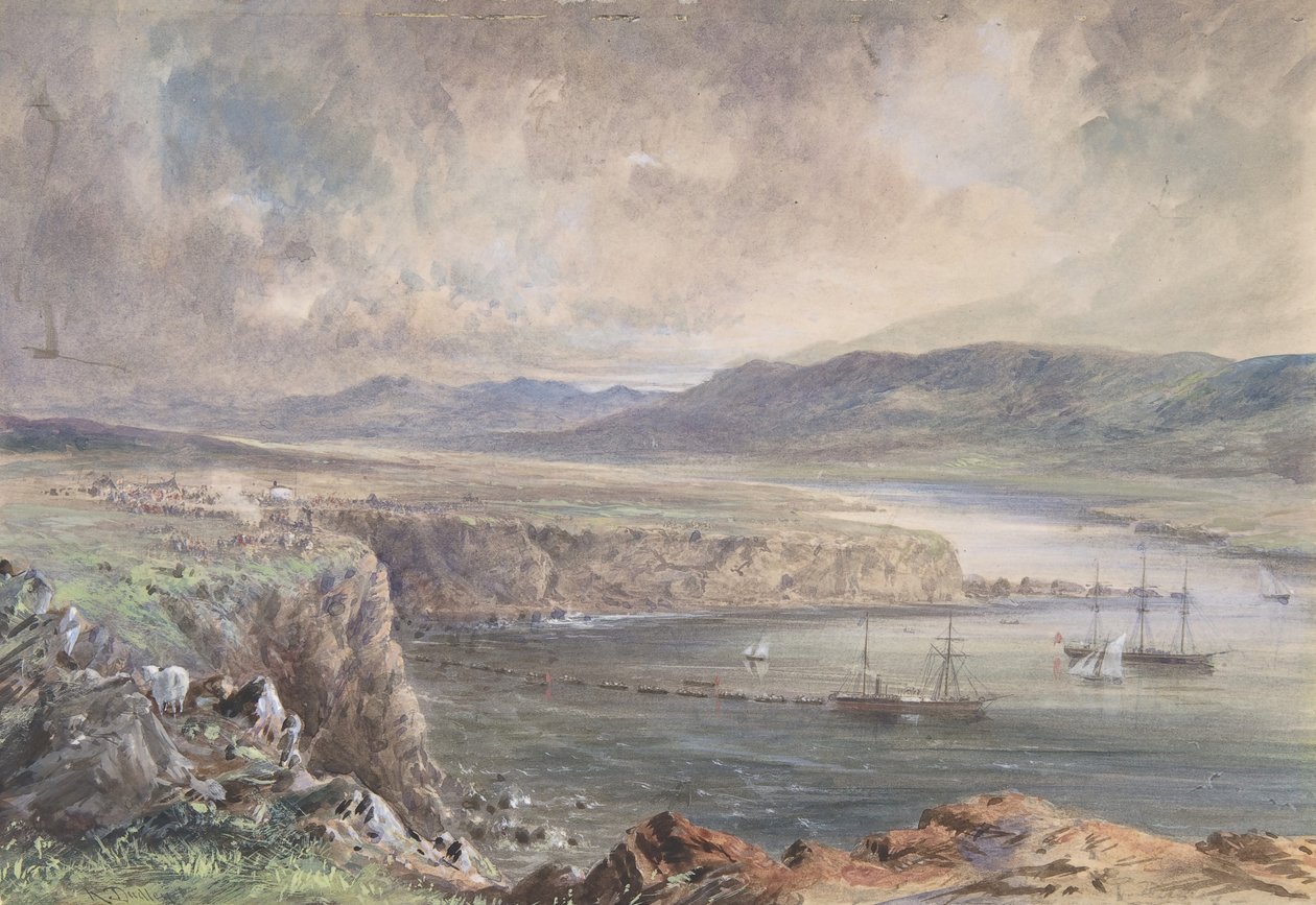 Foilhummerum Bay, Valentia, gezien vanaf Cromwell Fort: De Caroline en boten door Robert Charles Dudley