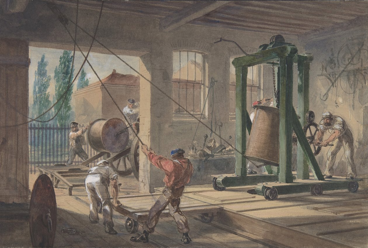 De spoelen van gutta-percha bedekte geleidingsdraad vervoerd in tanks bij de werken..., 1865-66 door Robert Charles Dudley