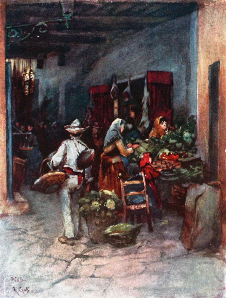 Fruit- en groentekraampjes, Pisa (kleurenlitho) door Robert Charles Goff