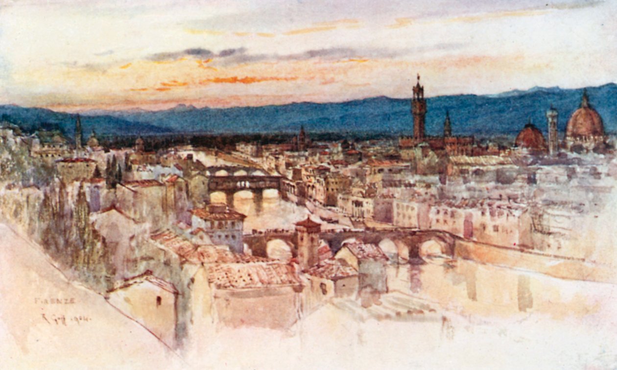De stad Florence vanaf het Piazzale Michelangelo, San Miniato (kleurenlitho) door Robert Charles Goff