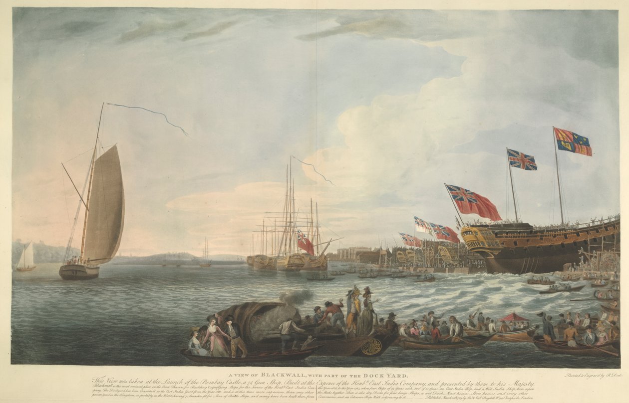 Een uitzicht op Blackwall, met een deel van de scheepswerf, bij de tewaterlating van de Bombay Castle, 74 kanonnen, gebouwd op kosten van de Hon. East India Company en door hen aan Zijne Majesteit gepresenteerd in juni 1782 door Robert Dodd