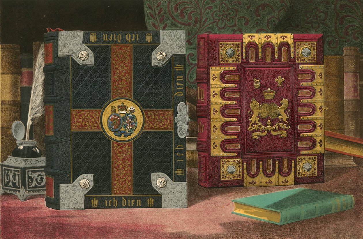 Bijbels aangeboden door de universiteit van Cambridge en door het comité van het Brits en Buitenlands Bijbelgenootschap (chromolitho) door Robert Dudley