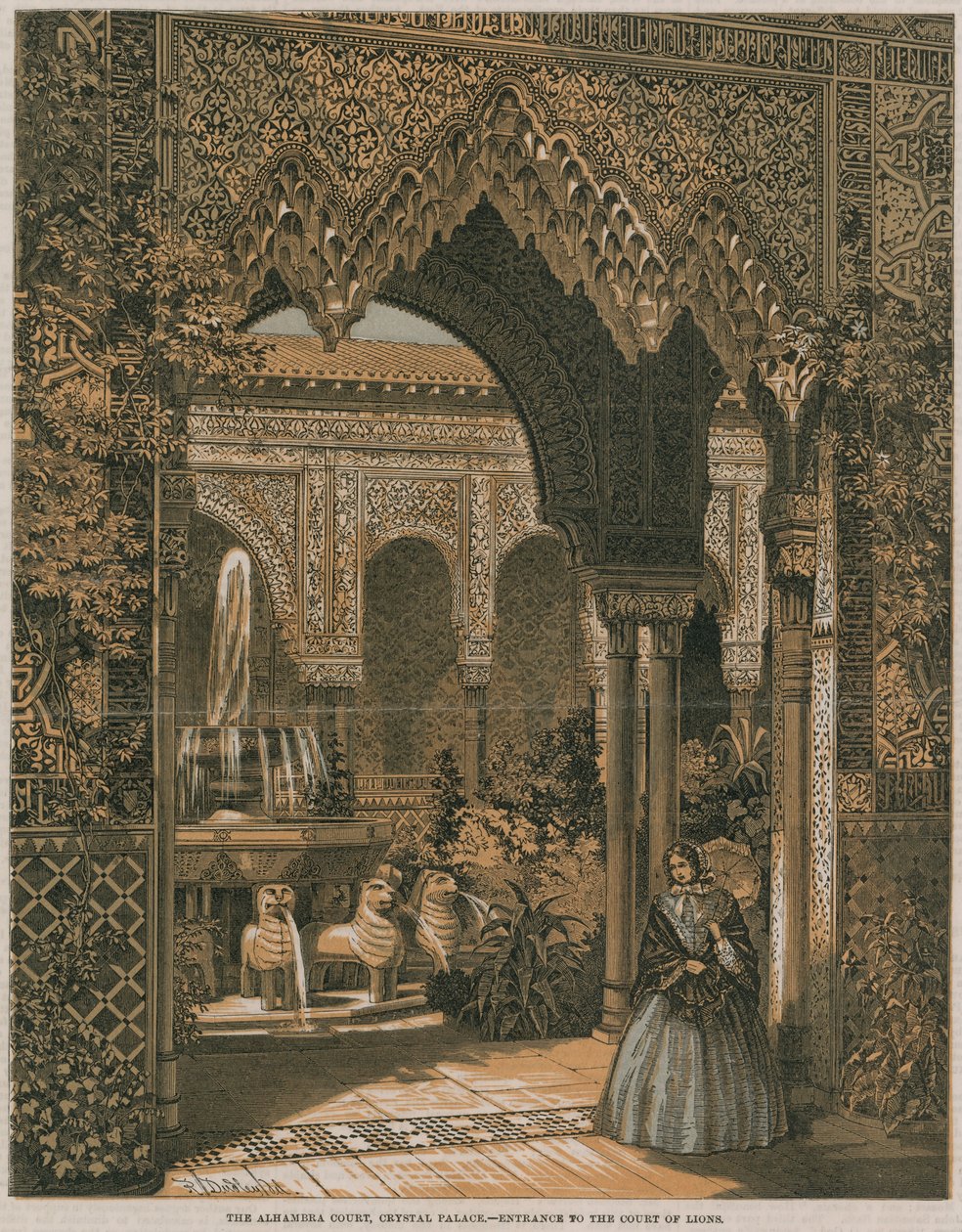 Het Alhambra Court, Crystal Palace; ingang van het Court of Lions (kleurenlitho) door Robert Dudley