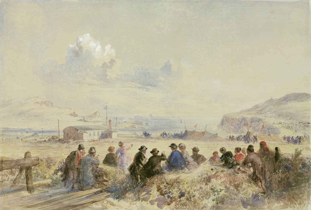 Manoeuvres kijken vanaf de duinen, Foilhummerum Bay, Valentia, ca.1865 (aquarel op papier) door Robert Dudley