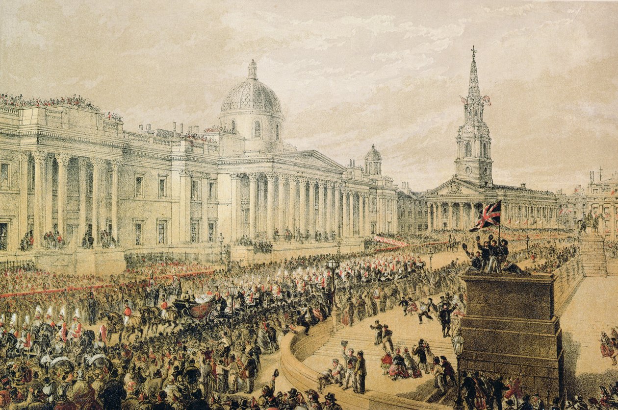 Bruiloftsstoet van Edward Prince of Wales en prinses Alexandra op Trafalgar Square door Robert Dudley