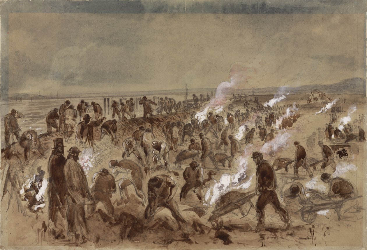 Werklui leggen telegraafkabel door Robert Dudley