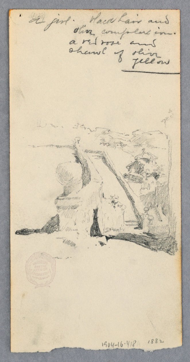 Tekening, Uitzicht vanaf een hooggelegen plek kijkend naar de stad (recto); Vrouw die een kruik vasthoudt (verso), 1882 door Robert Frederick Blum