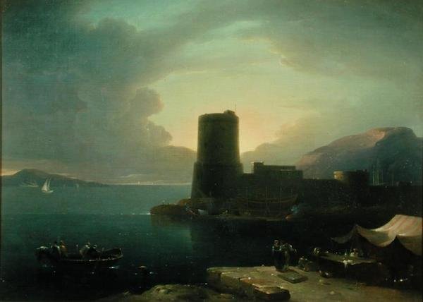De kaap van Posilipio, in de baai van Napels, met de Vesuvius op de achtergrond door Robert Freebairn