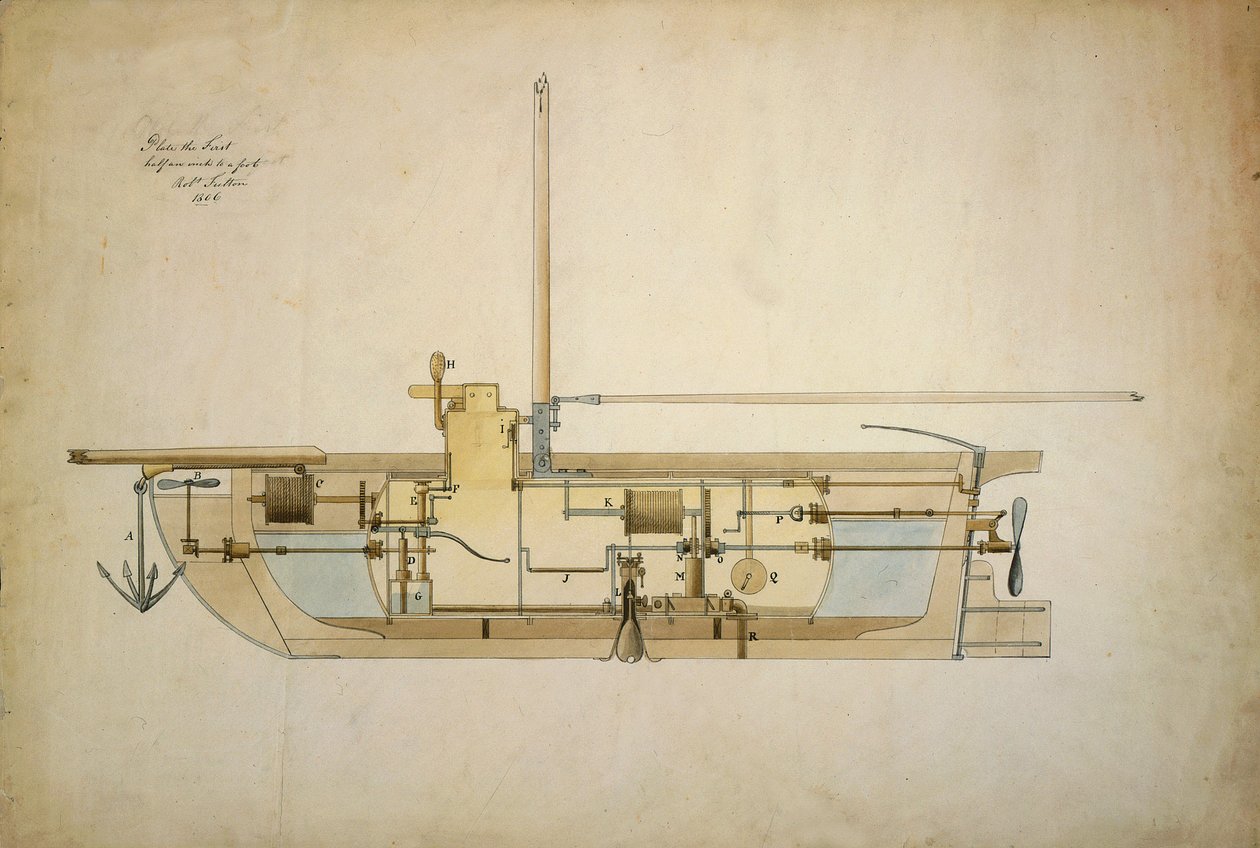 Originele tekening van de Nautilus, de eerste onderzeeboot, gepresenteerd door zijn uitvinder Robert Fulton (1765-1815) aan de Amerikaanse Senaat in 1806. door Robert Fulton