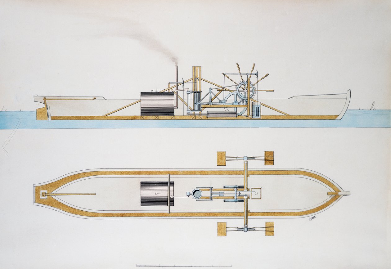 Stoomboot ontworpen door Robert Fulton, aquarel, Verenigde Staten door Robert Fulton