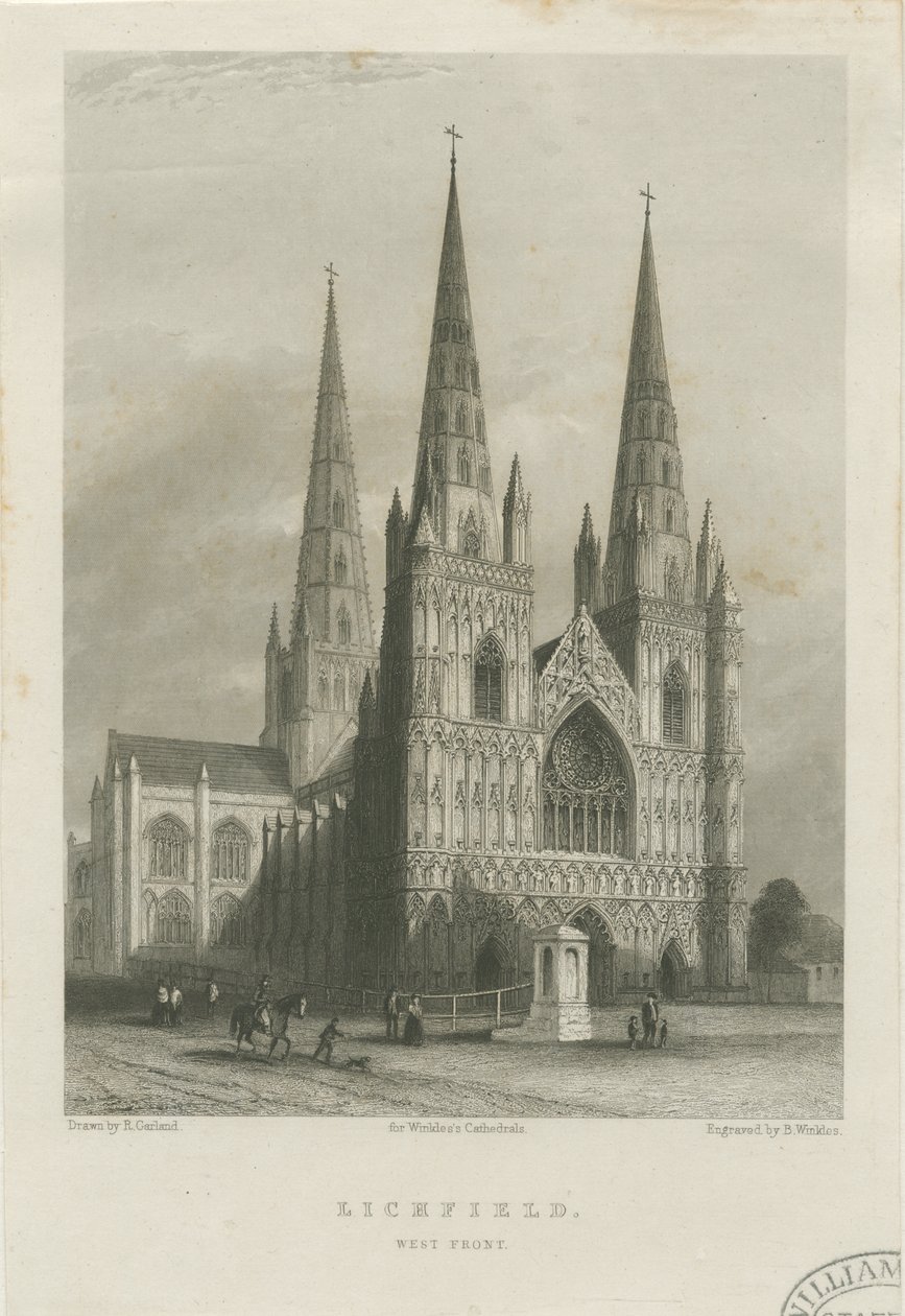 Lichfield Kathedraal - Westgevel (staalgravure, ca. 1835-1842) door Robert Garland