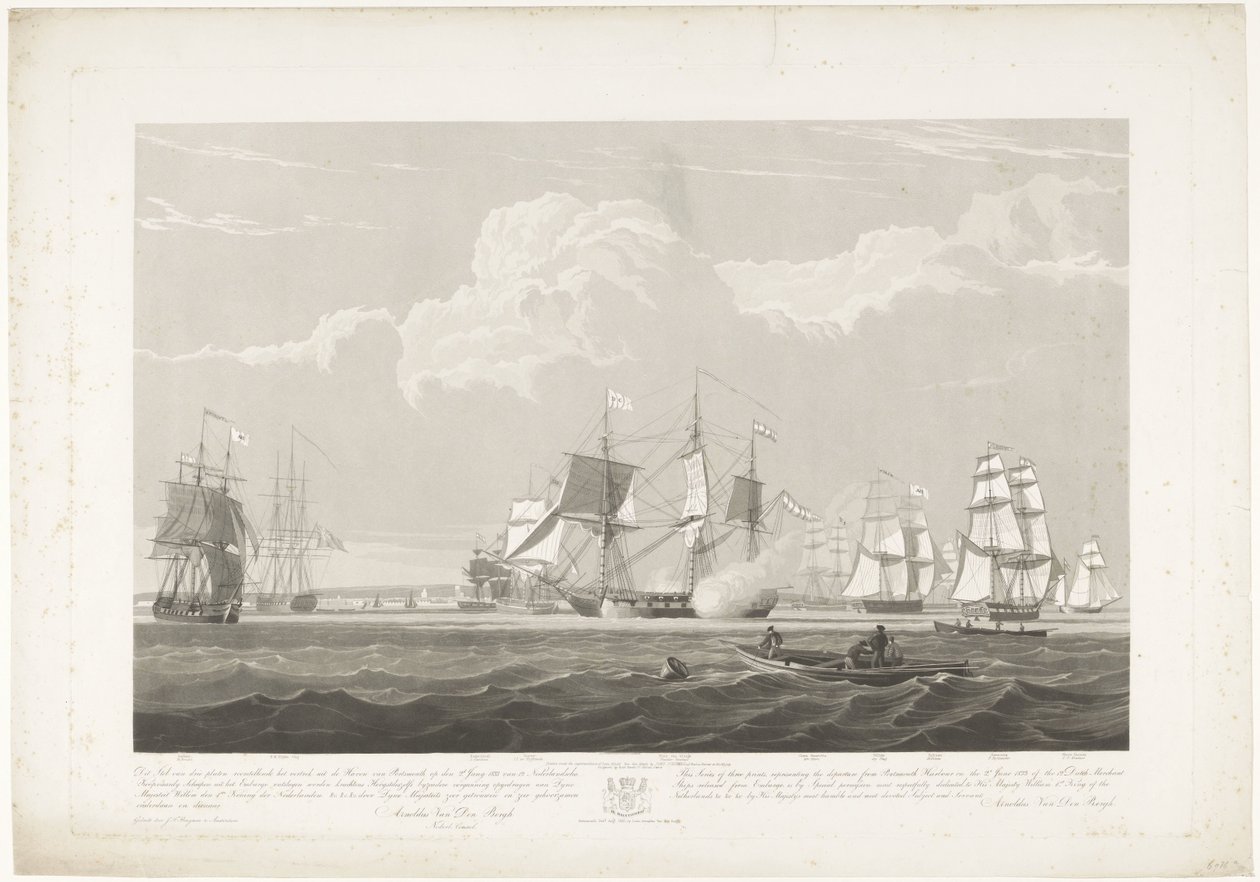 Vertrek van twaalf Nederlandse koopvaardijschepen uit de haven van Portsmouth, 1833 (plaat 3) door Robert Havell (II)