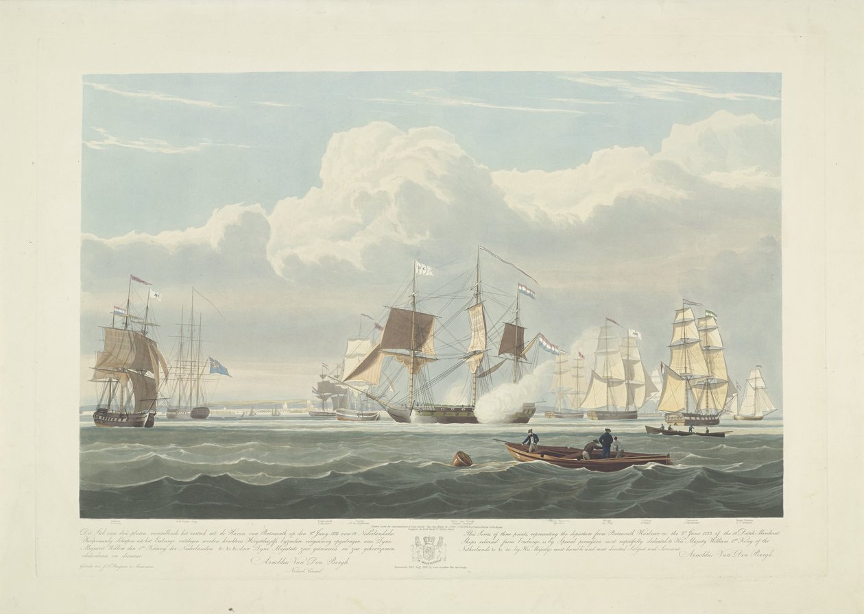 Vertrek van twaalf Nederlandse koopvaardijschepen uit de haven van Portsmouth, 1833 (plaat 3) door Robert Havell (II)