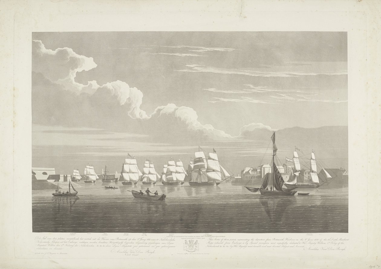 Vertrek van twaalf Nederlandse koopvaardijschepen uit de haven van Portsmouth, 1833 (plaat 1) door Robert Havell (II)