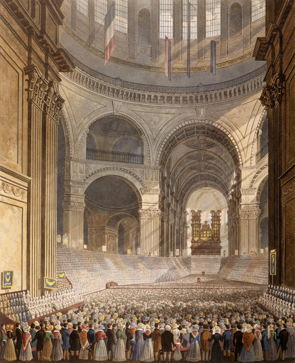 Aquarel - De verjaardagsbijeenkomst van de liefdadigheidskinderen in de kathedraal van St. Paul door Robert Havell