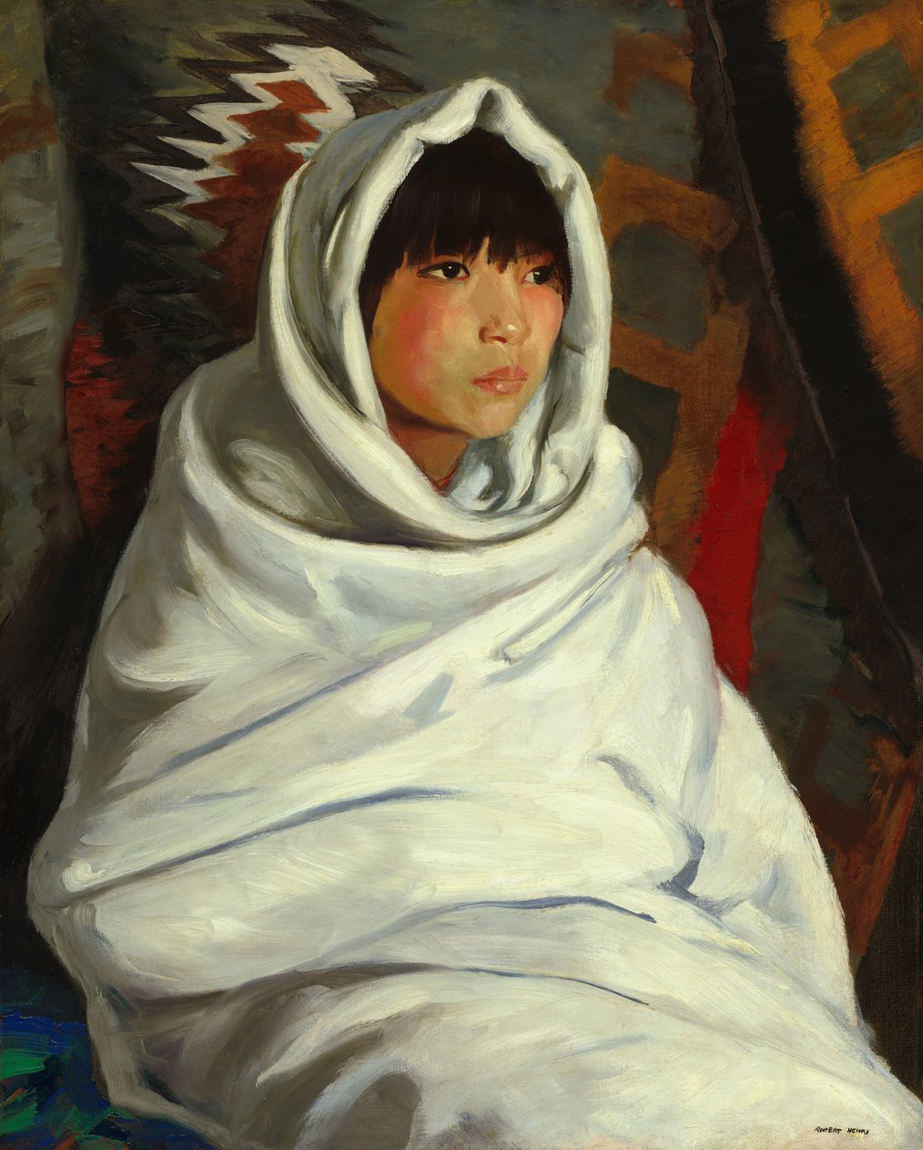 Indiaans meisje in witte deken, 1917 door Robert Henri