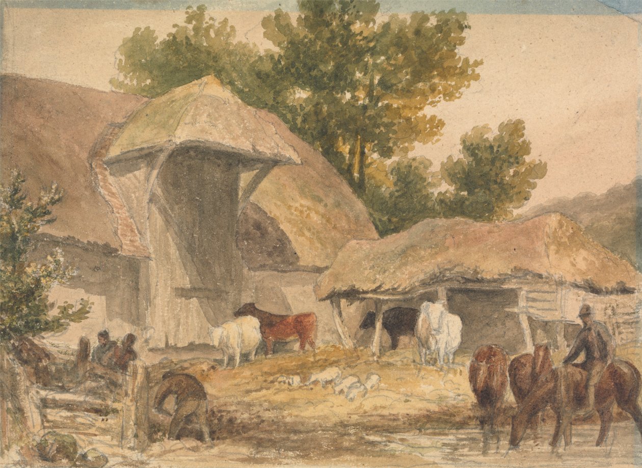 Boerenerf met Wachtende Paarden door Robert Hills