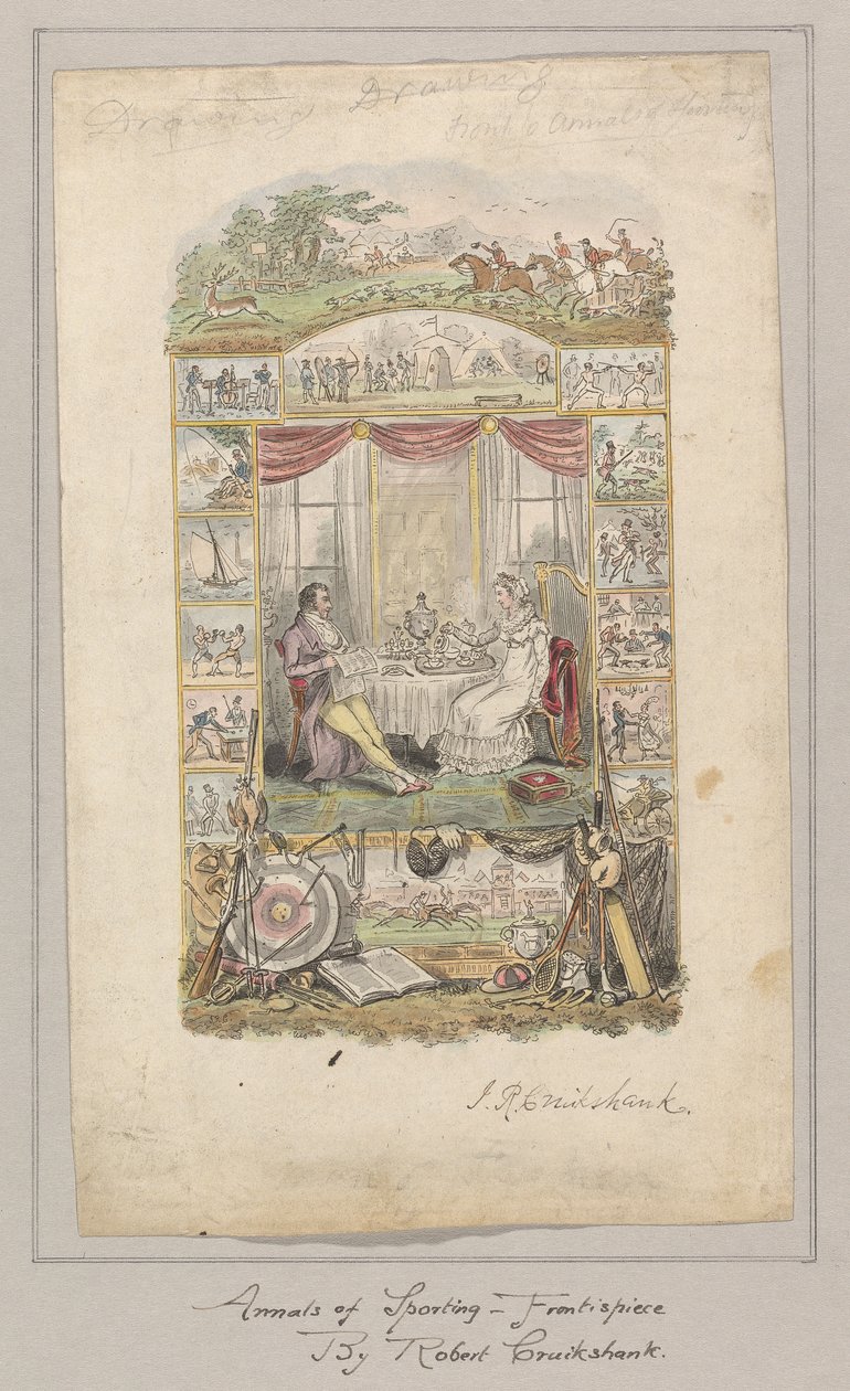 Ontwerp voor de frontispice van de Annals of Sporting and Fancy Gazette, Volume 1 door Robert Isaac Cruikshank