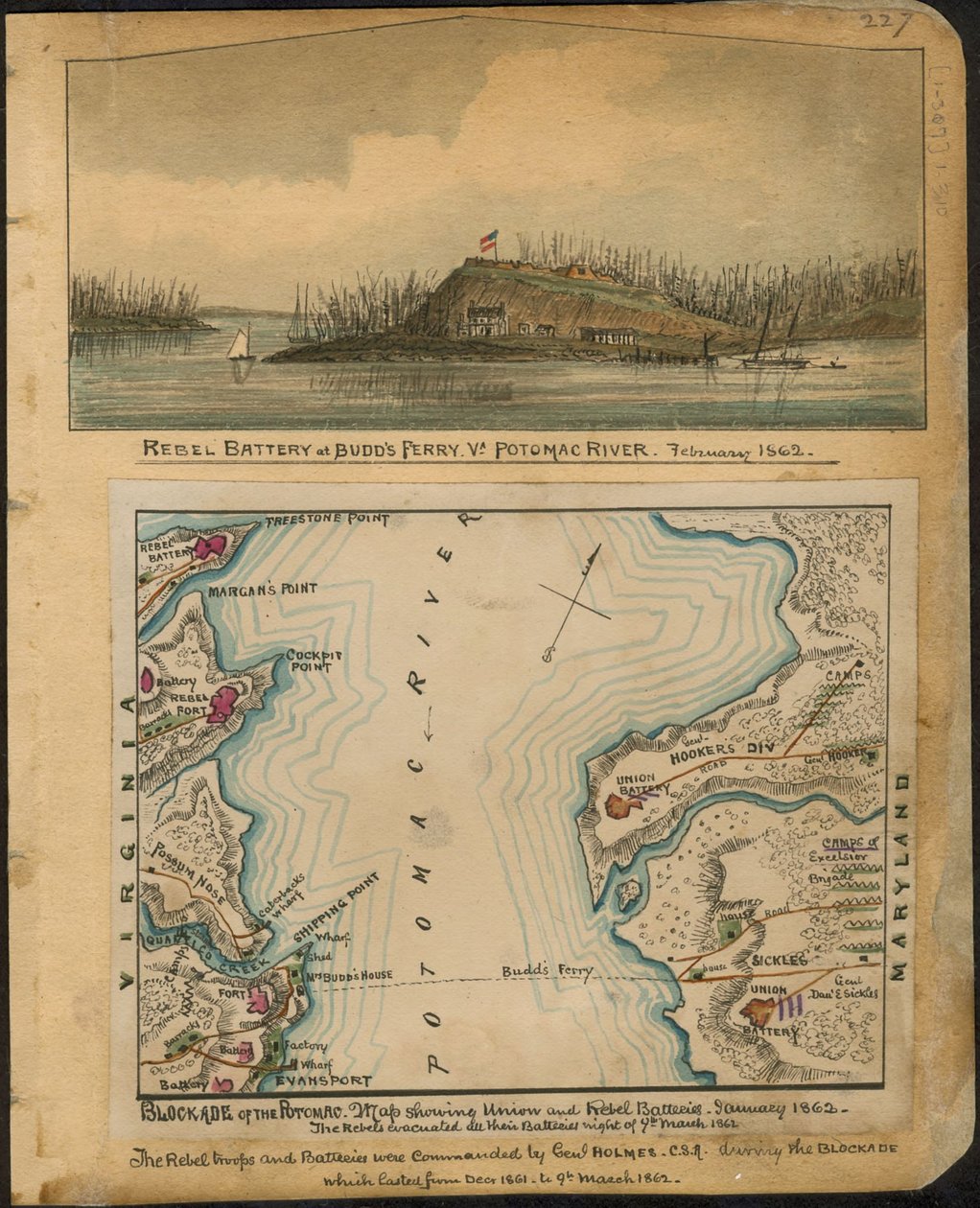 Blokkade van de Potomac. Kaart met de batterijen van de Unie en de rebellen in januari 1862. De rebellen ontruimden al hun batterijen in de nacht van 4 maart 1862. LOC gvhs01.vhs00066 door Robert Knox Sneden