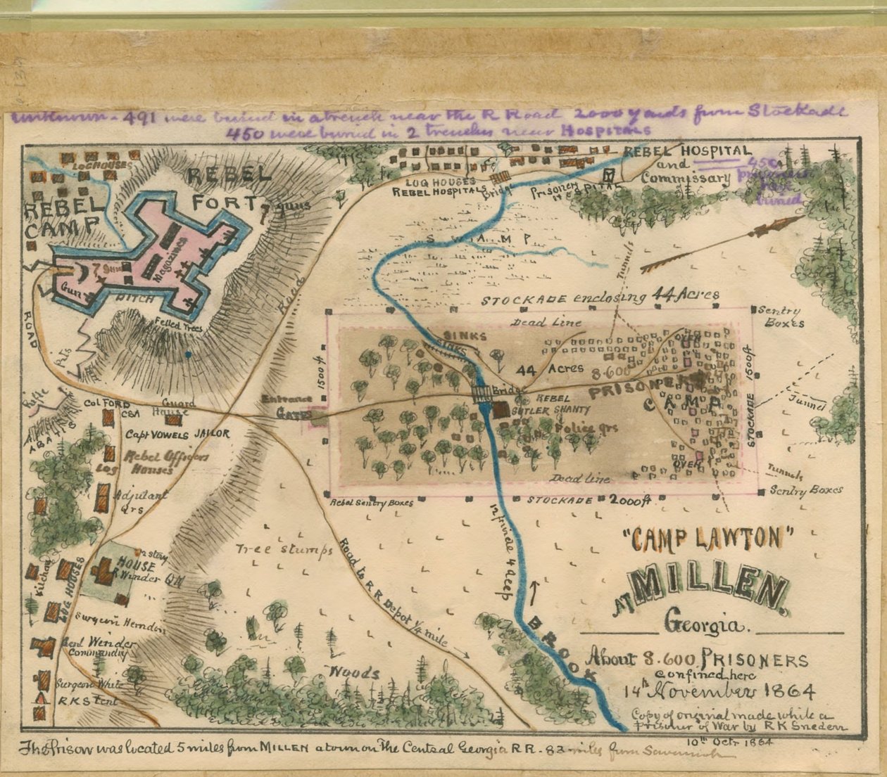 "Camp Lawton" in Millen, Georgia - ongeveer 8.600 gevangenen hier opgesloten 14 november 1864. LOC gvhs01.vhs00054 door Robert Knox Sneden