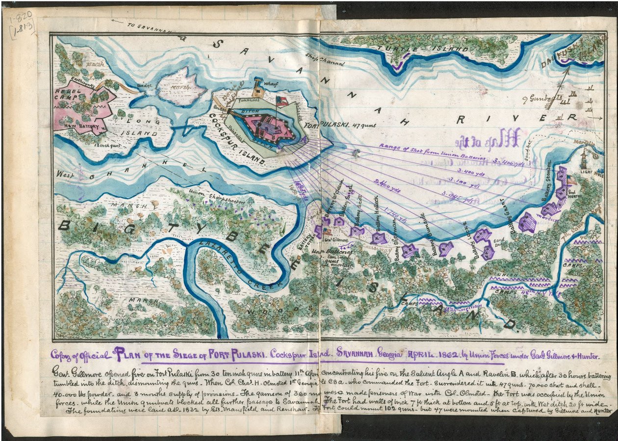 Kopie van het officiële plan van het beleg van Fort Pulaski. Cockspur Island. Savannah Georgia april 1862 - door strijdkrachten van de Unie onder leiding van generaal Gillmore en Hunter. LOC gvhs01.vhs00084 door Robert Knox Sneden