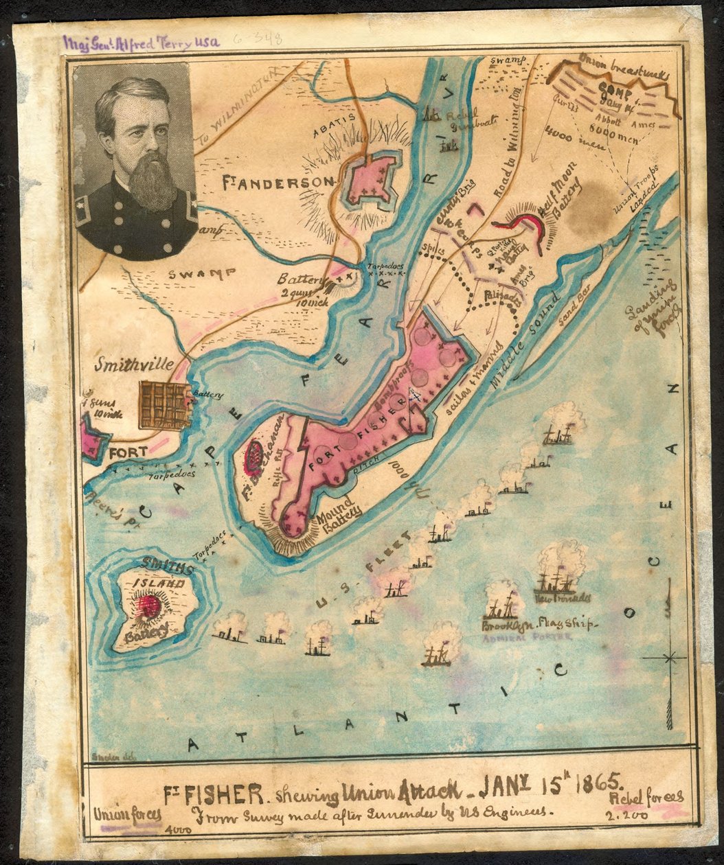 Ft. Fisher shewing (sic) Union attack, 15 januari 1865 Van overzicht gemaakt na overgave door U.S. Engineers. LOC gvhs01.vhs00185 door Robert Knox Sneden