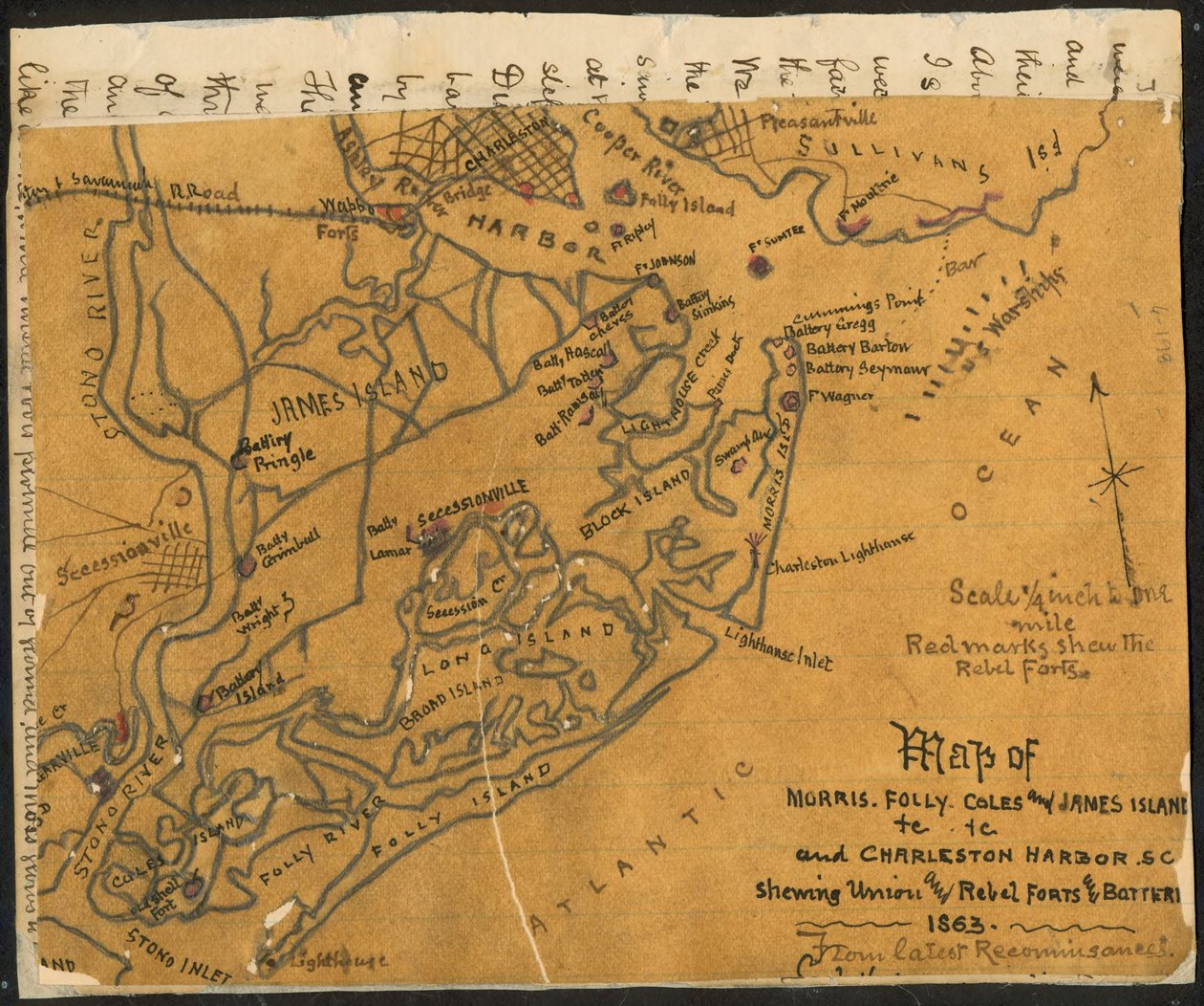 Kaart van Morris, Folly, Coles en James Island(s) etc., en Charleston Harbor S.C. met daarop (sic) forten en batterijen van de Unie en rebellen, 1864. LOC gvhs01.vhs00184 door Robert Knox Sneden