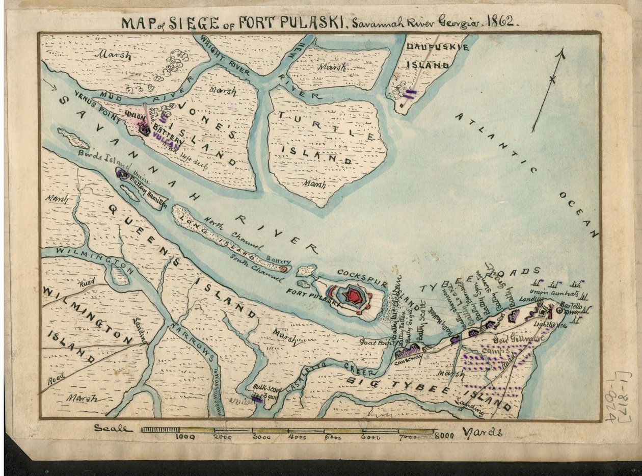 Kaart van de belegering van Fort Pulaski - Savannah River Georgia. 1862. LOC gvhs01.vhs00085 door Robert Knox Sneden