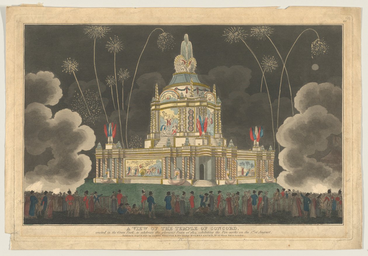 Een uitzicht op de Tempel van Concord opgericht in het Green Park, om de G... te vieren, 9 september 1814 door Robert Laurie