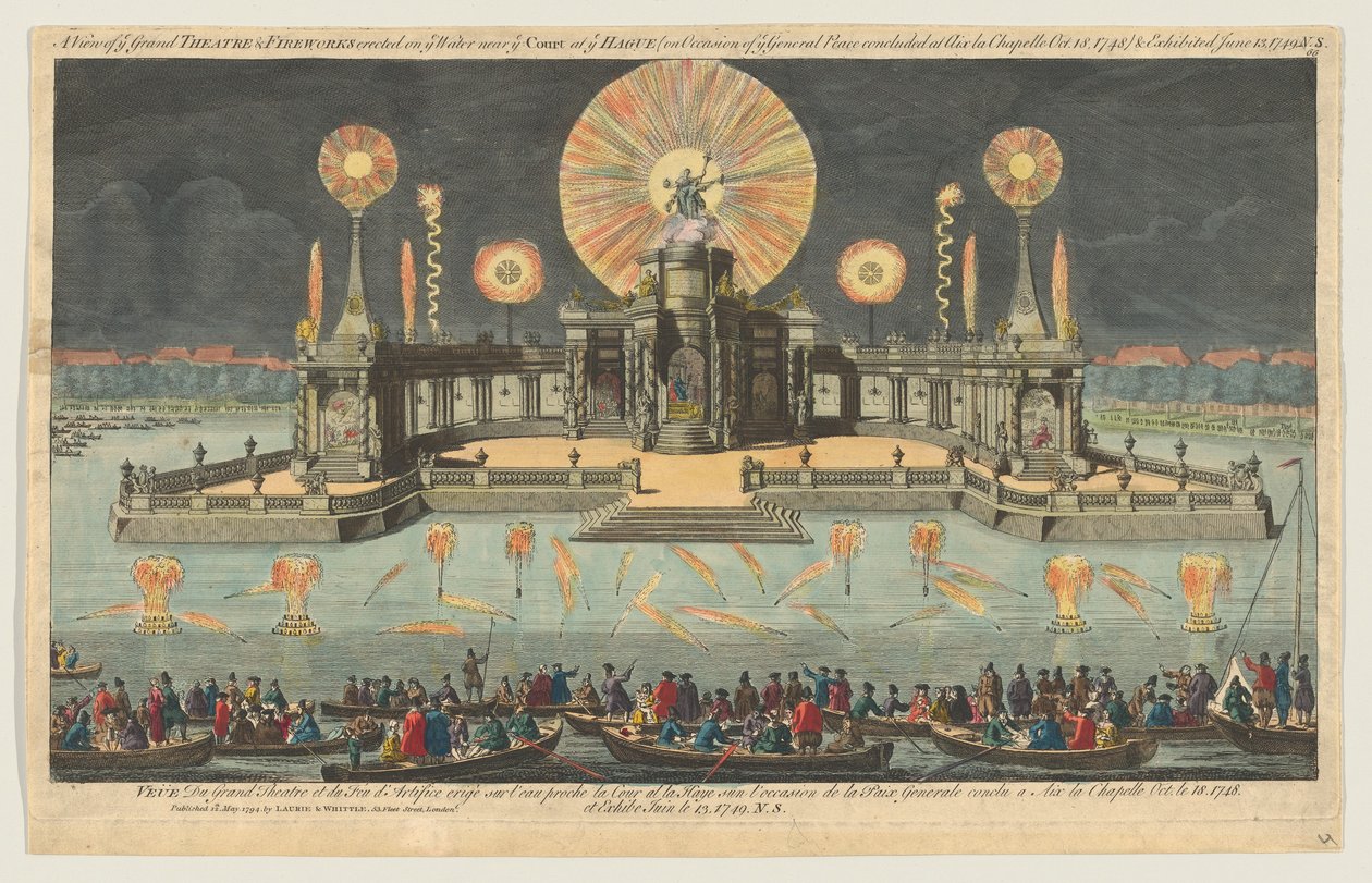 Een Uitzicht op het Grote Theater & Vuurwerk opgericht op het Water nabij het Hof in Den Haag op O..., 1794 door Robert Laurie