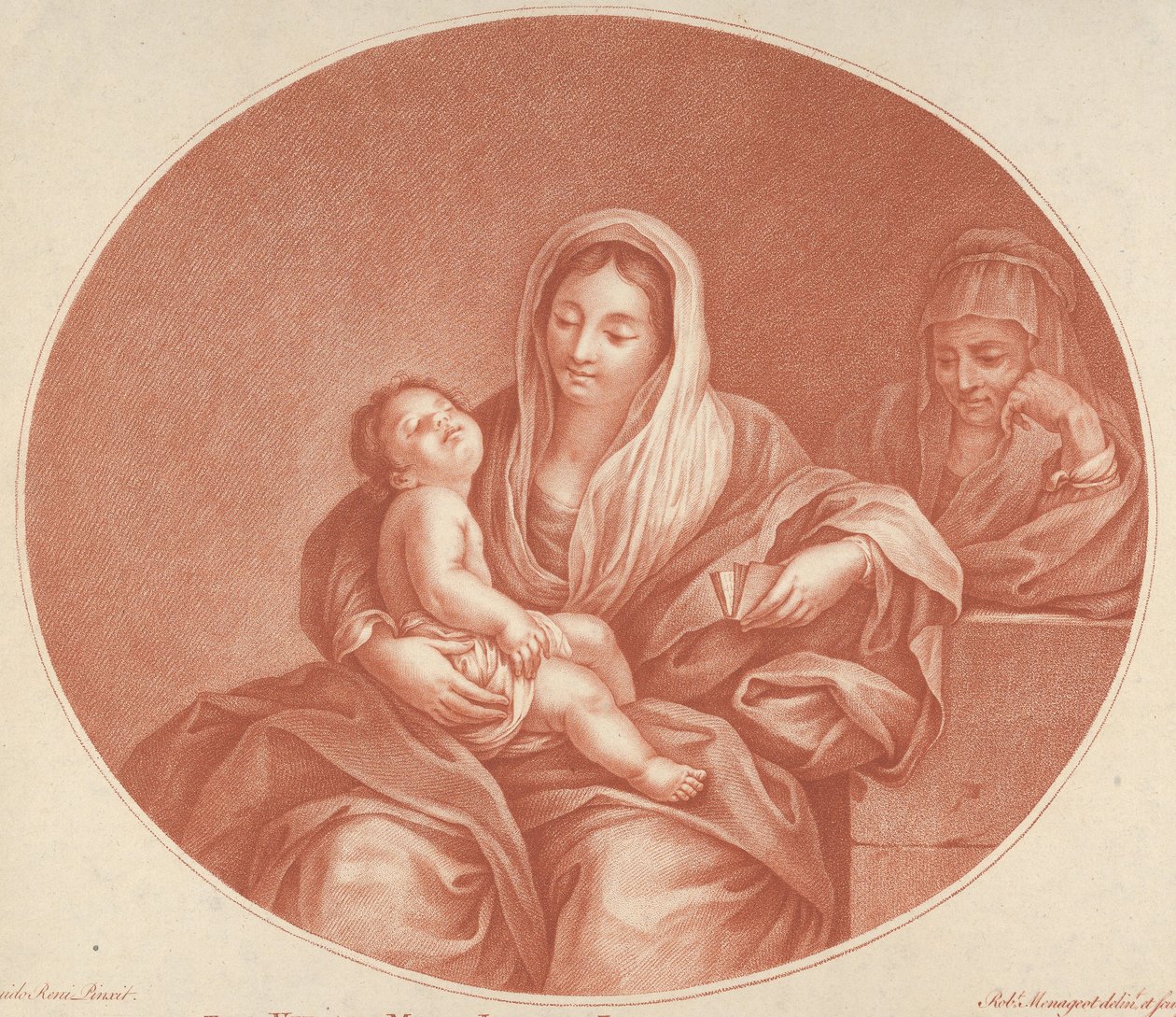 De Maagd zittend met het slapende Christuskind op haar schoot, Sint-Elizabeth rechts door Robert Menageot