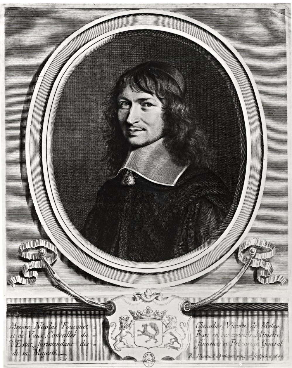 Portret van Nicolas Fouquet (1615-80) 1662 (gravure) (zwart-wit foto) door Robert Nanteuil