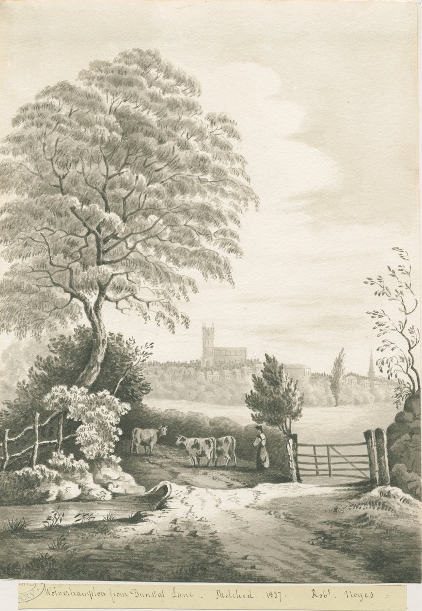 Wolverhampton - Ver uitzicht vanaf Dunstall Lane: sepia wassing tekening, 1837 door Robert Noyes