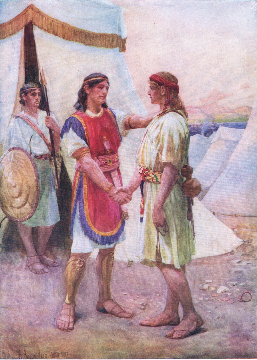David en Jonathan, uit Het Bijbel Prentenboek uitgegeven door Thomas Nelson, c.1950 door Robert Payton Reid