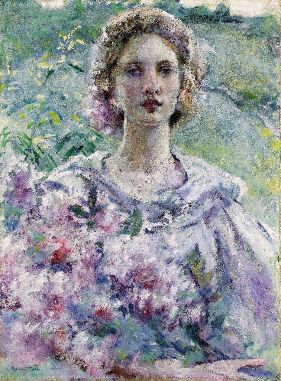 Vrouw met bloemen. Schilderij van Robert Reid (1862-1929). Olieverf op doek. Privécollectie. door Robert Reid