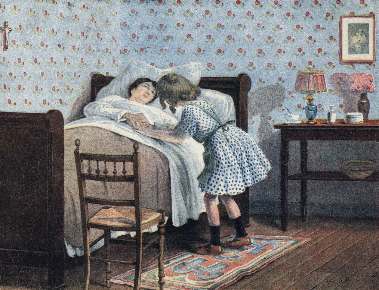 Een klein meisje aan het bed van haar zieke moeder wacht op haar oorlog. Illustratie door Robert Salles (1871-1929) in 