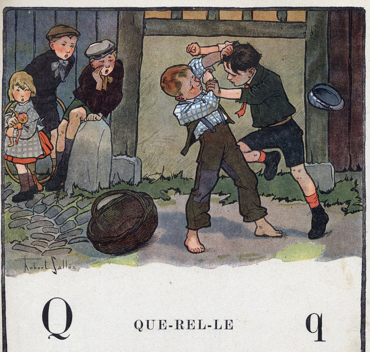 Kinderboek “Ik zal lezen - Methodisch en leuk alfabet door een vader” 1926. Illustratie door Robert Salles (1871-1929). Abecedarium: letter Q als Ruzie. Twee jongens vechten op het schoolplein door Robert Salles
