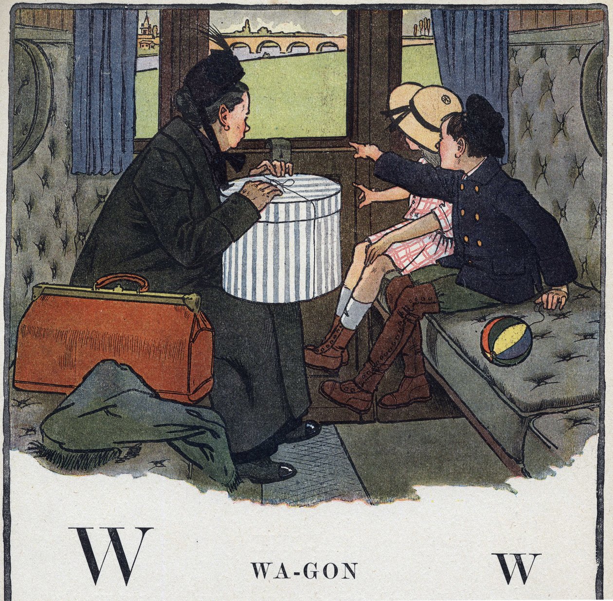 Kinderboek “Ik zal lezen - Methodisch en leuk alfabet door een vader” 1926. Illustratie door Robert Salles (1871-1929). Abecedarium: letter W als Wagon. Twee kinderen reizen met hun moeder in een treincoupé door Robert Salles