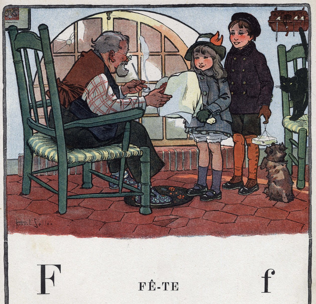 Kinderboek “Ik zal lezen - Methodisch en leuk alfabet door een vader” 1926. Illustratie door Robert Salles (1871-1929). Abecedarium: letter F als Feest. Een meisje en een jongen geven cadeaus voor het feest van hun grootvader door Robert Salles