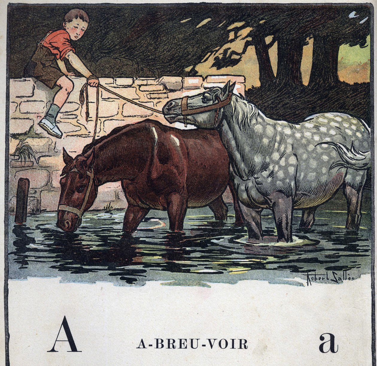 Kinderboek “Ik zal lezen - Methodisch en leuk alfabet door een vader” 1926. Illustratie door Robert Salles (1871-1929). Abecedarium: letter A als Drinkwater. Twee paarden drinken water door Robert Salles