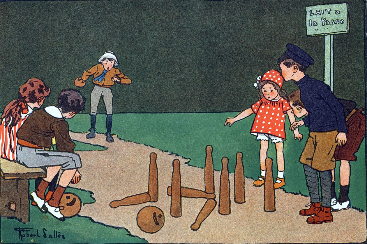 De bowlingbaan. Gravure in "Waar spelen we?" door E. Weber met aquareltekeningen door Robert Salles (1871-1929). Librairie Garnier Frères, Parijs door Robert Salles