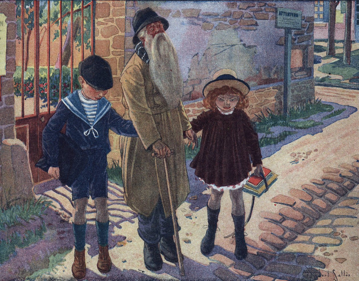 De stok van de blinde: twee kinderen helpen een blinde oude man lopen. Illustratie door Robert Salles (1871-1929) in 