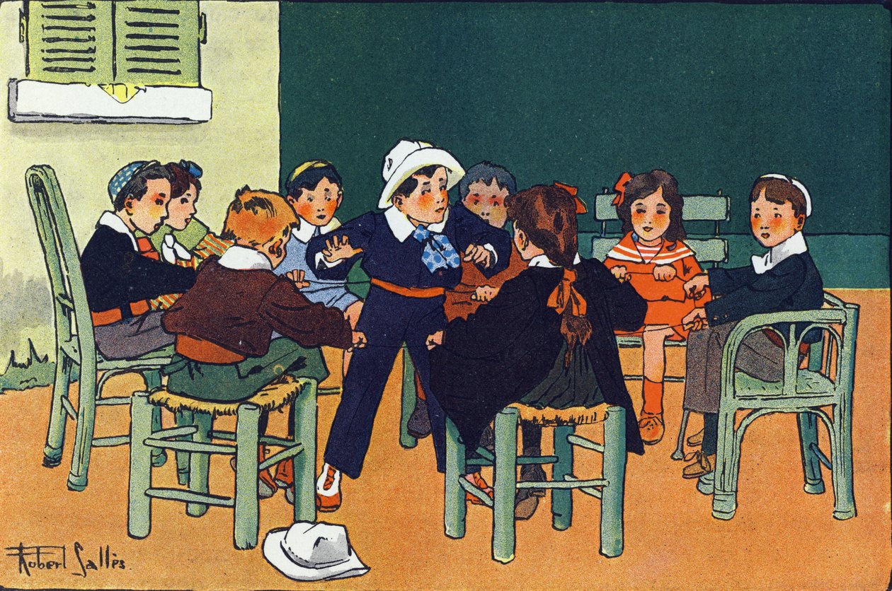 Naar de fret. Gravure in "Waar spelen we?" door E. Weber met aquareltekeningen door Robert Salles (1871-1929). Librairie Garnier Frères, Parijs door Robert Salles